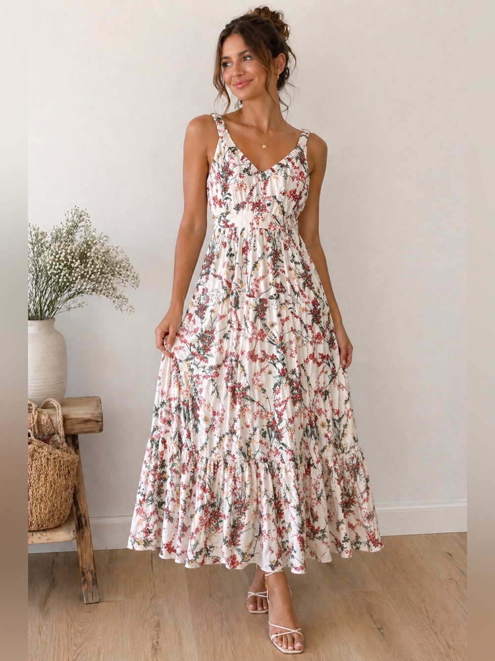 Penelope Rose Floral Midi Dress Smocked Back Boho Cottagecore Medium NWT